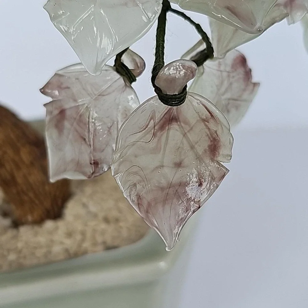 Vintage Chinese Glass Bonsai Tree Pink Cherry Blossom Celadon Pot Chinoiserie